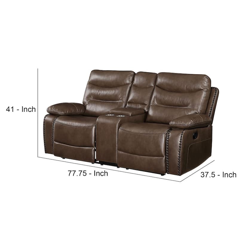 Motion Loveseat with Leatherette Upholstery and Tufted Seat, Brown