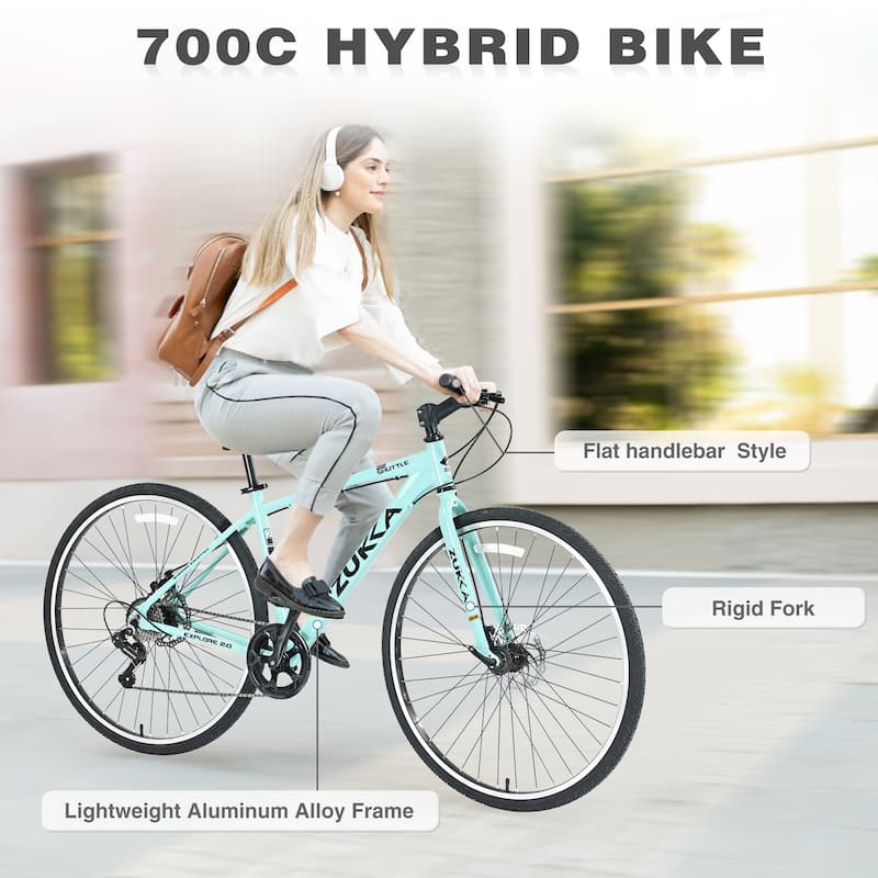 Shimano 7 Speed Hybrid Bike 700C Road Cycling Bicycle, Urban Commuter Bicycles with Double Disc Brakes, Aluminum Alloy Frame