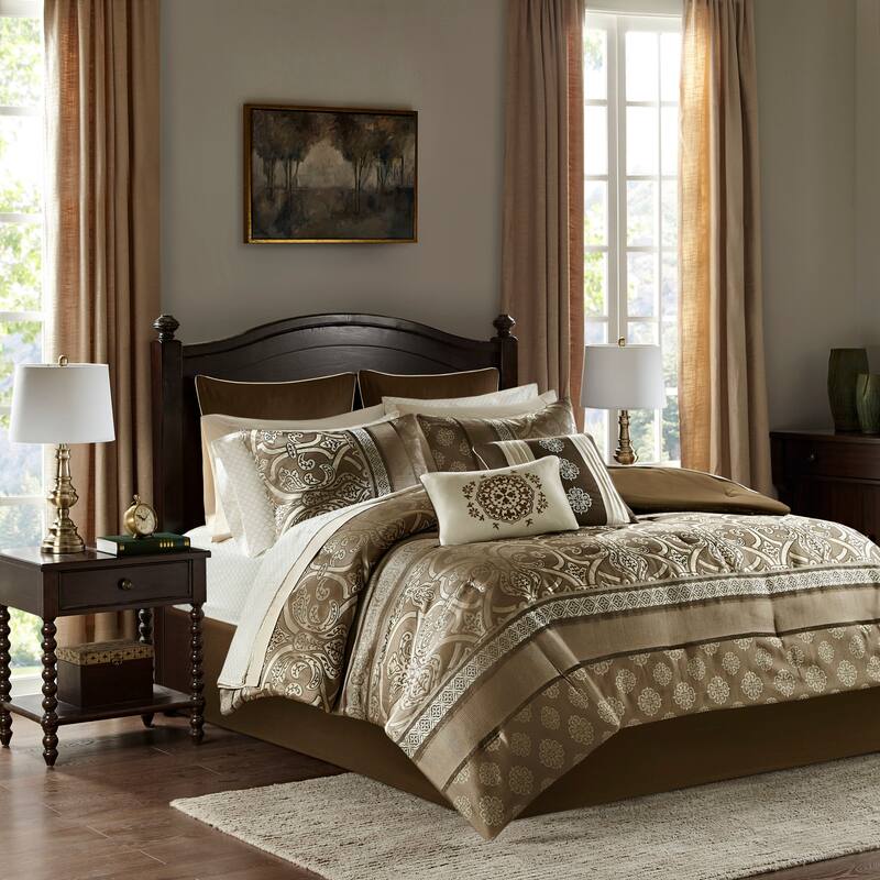 Madison Park Essentials Alexine Brown 16 Piece Jacquard Comforter Set with 2 Bed Sheet Sets