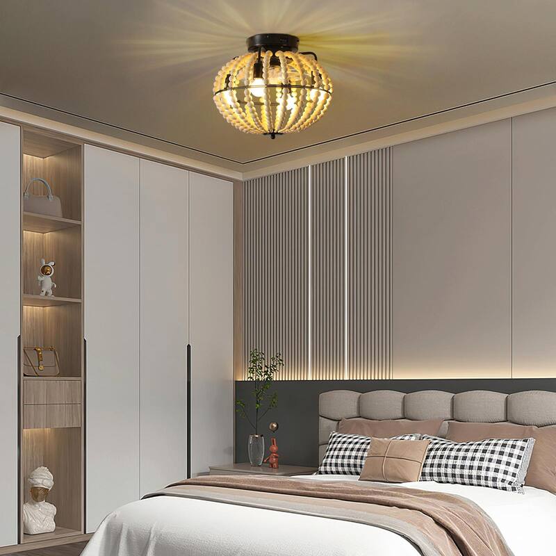 Beaded Wood Chandelier with Oak White Finish