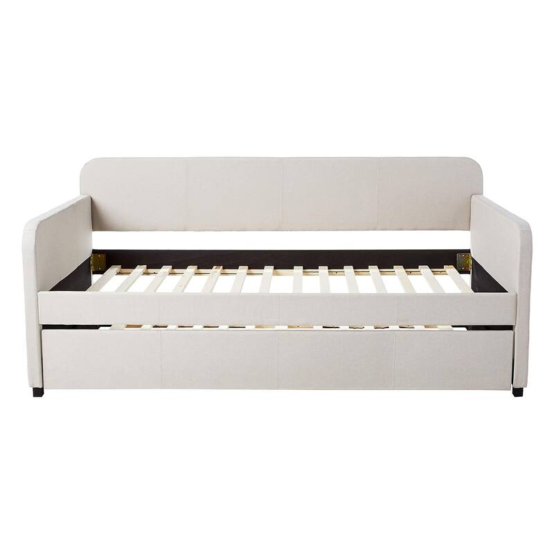 Fabric Upholstered Wooden Day Bed with Trundle and Panel Back, Beige