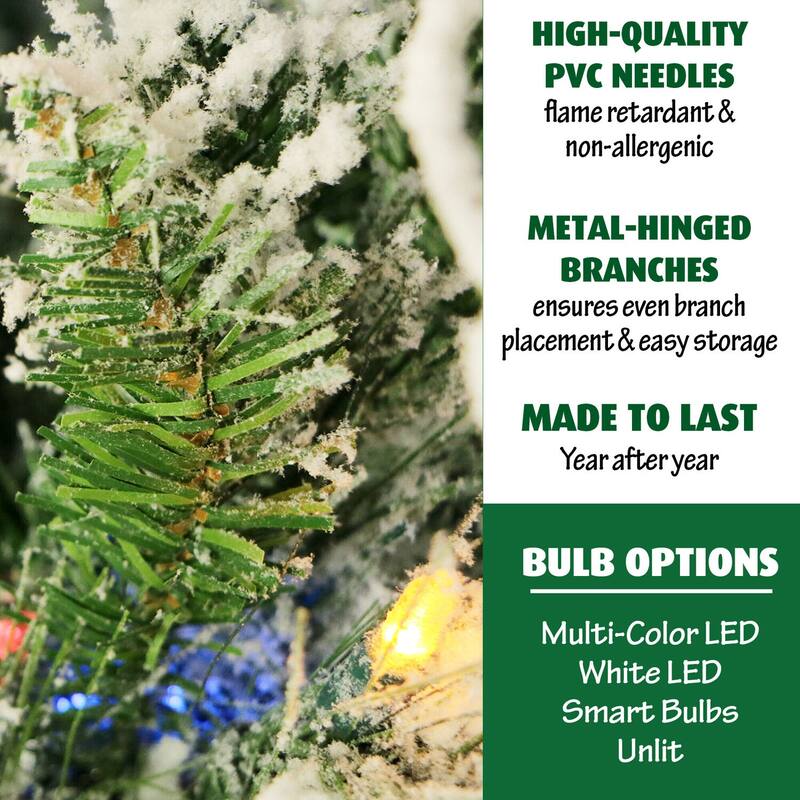 Fraser Hill Farm 6.5-feet Flocked Snowy Pine Christmas Tree with Multi-Color LED String Lighting