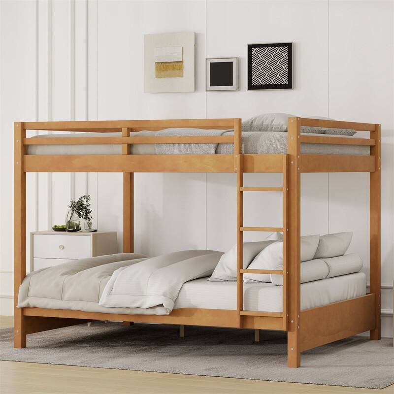 Queen Over Queen Size Bunk Bed with Ladder and Guardrail, Wooden Bunk Bedframe with Slats Support for Kids - Wood