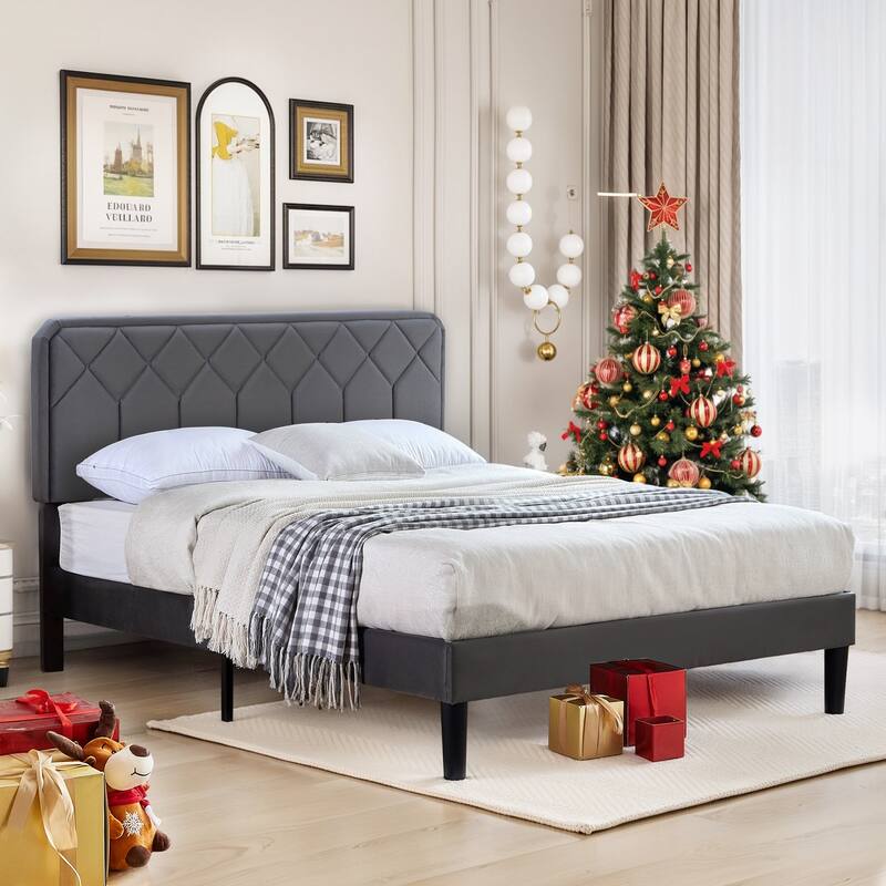VECELO Adjustable Height Velvet Upholstered Bed Diamond Tufted Headboard with 7.8" Underbed Storage No Box Spring Needed