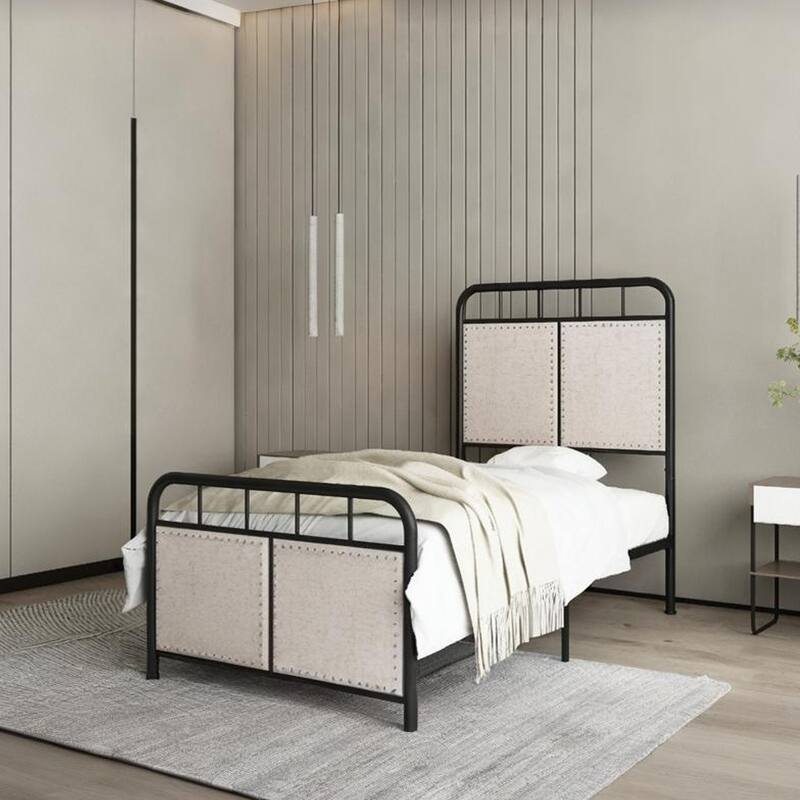 Twin Size Linen Upholstered Platform Bed Frame with Headboard and Footboard