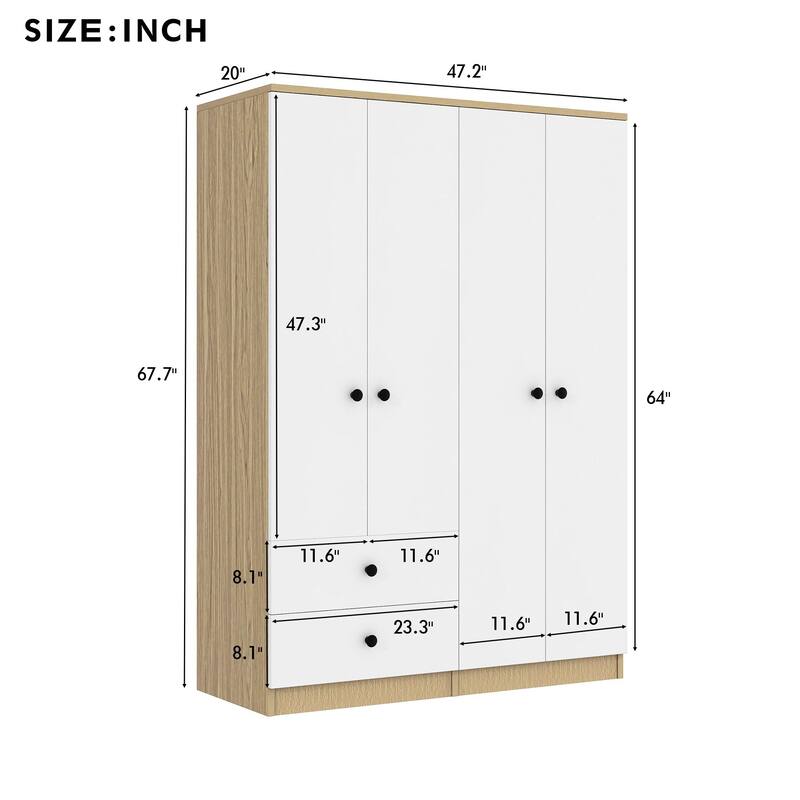 4 Door Wardrobe Armoire Closet with 2 Drawers, Shelves and Dual Hanging Rods, Pine Wood Storage Cabinet