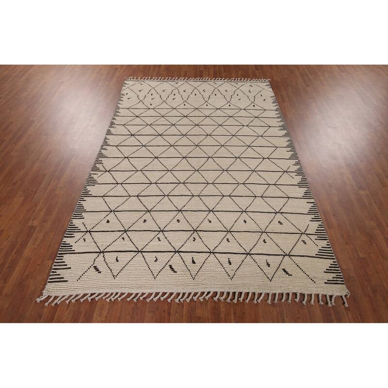 Trellis Moroccan Area Rug Hand-Knotted Oriental Beige Wool Carpet - 6'11"x 10'3"
