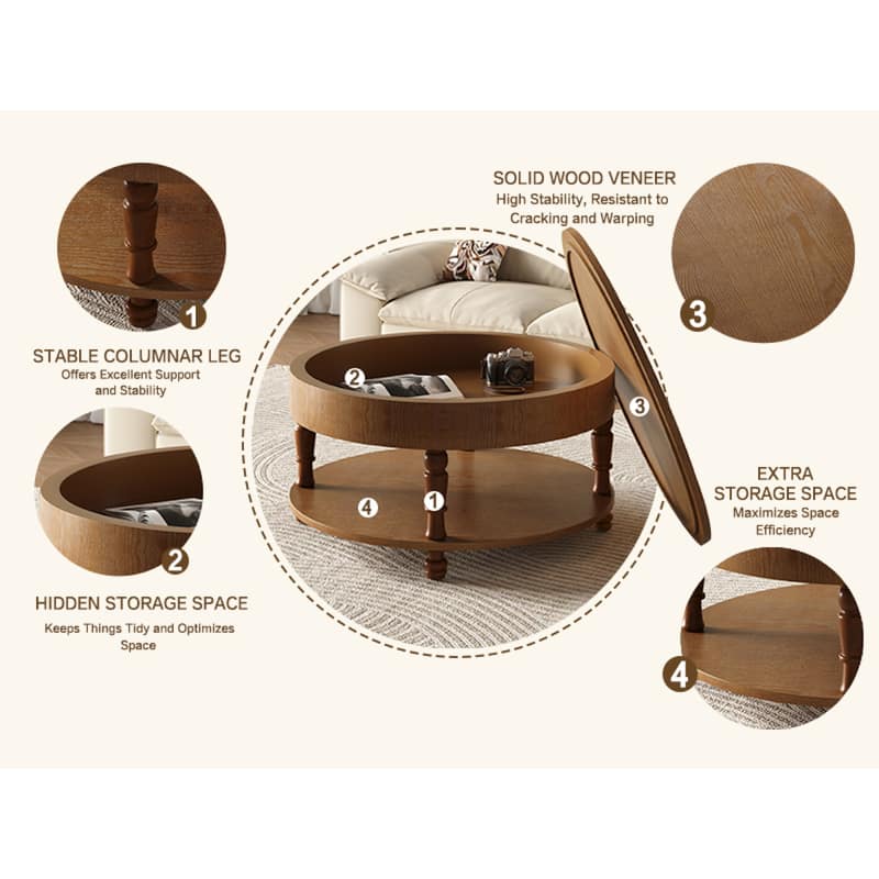 Roomfitters 31.5" Round Coffee Table, Storage Center Table with Hidden Compartment for Living Room
