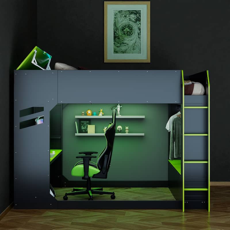 Full Size Wood Loft Bed with Adjustable Desk, Drawers, Storage Shelves, Hanging Rod and RGB LED Lights