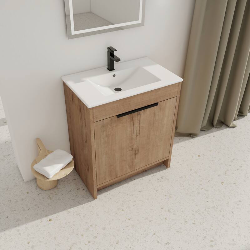 Freestanding Bathroom Vanity with Ceramic Sink, Adjustable Shelf, Metal Handles, Soft Closing Hinges - 30in L Plywood