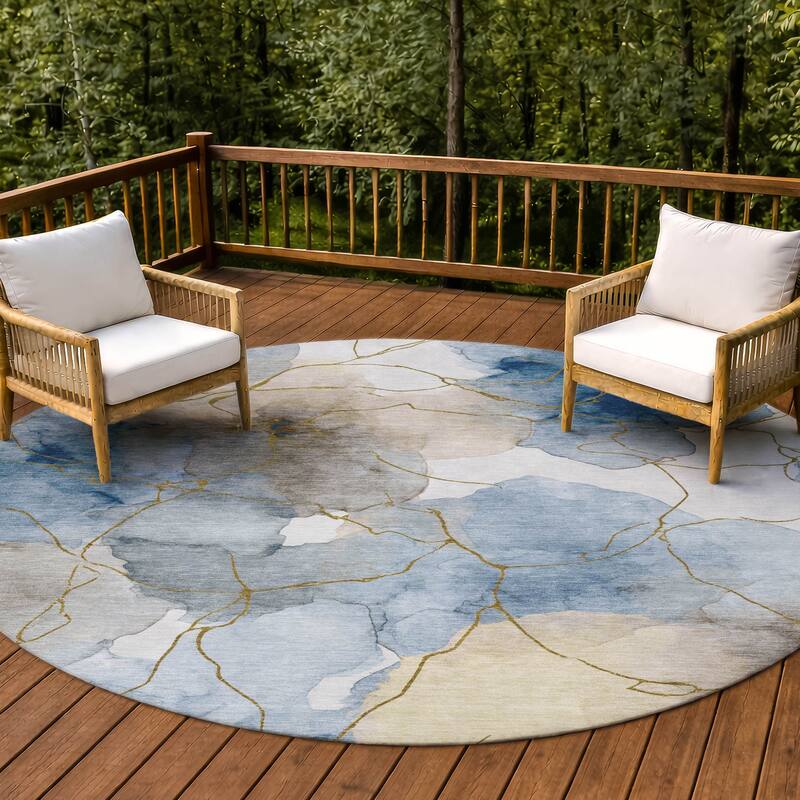 Machine Washable Indoor/ Outdoor Floral Mara Chantille Rug - Sky - 8' x 8'