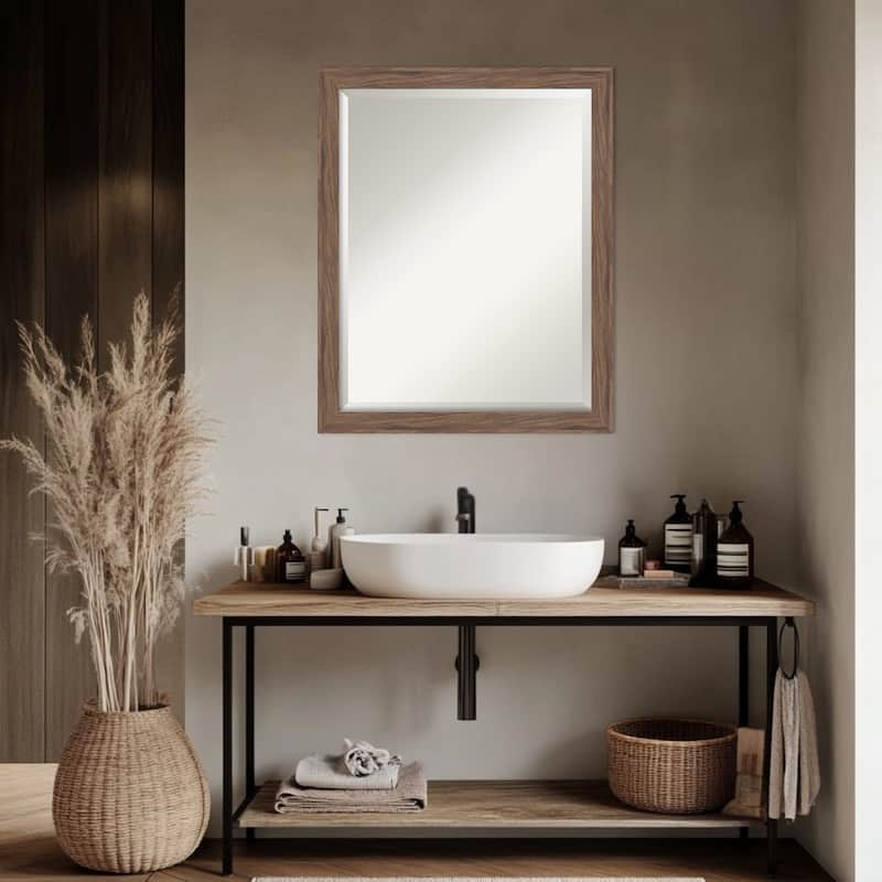 Pia Medium Brown Narrow Beveled Framed Bathroom Vanity Wall Mirror - Pia Medium Brown Narrow