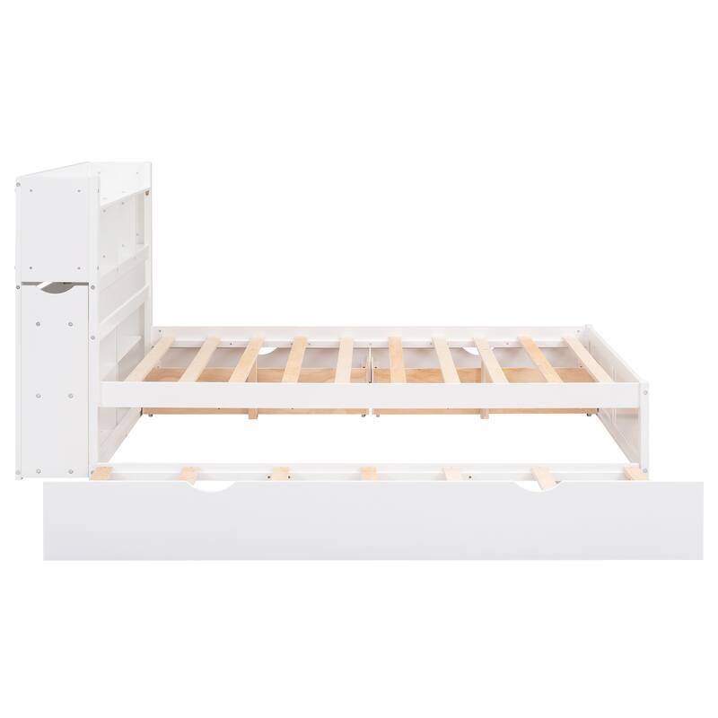 Full Size Storage Platform Bed with Pull Out Shelves, Twin Trundle, and 2 Drawers in White