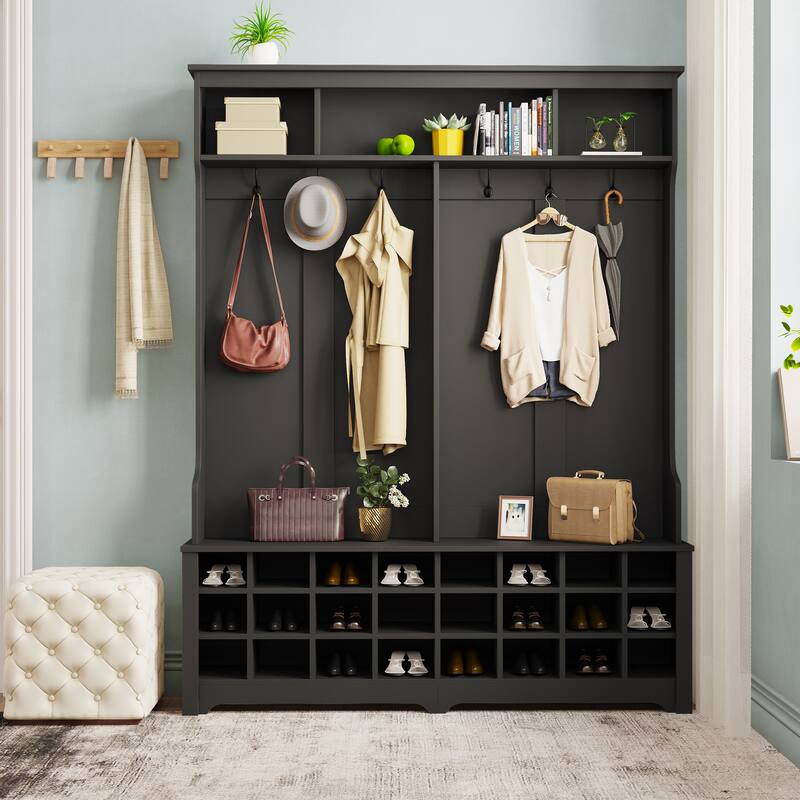 Hall Tree with Storage Space and 24 Shoe Cubbies