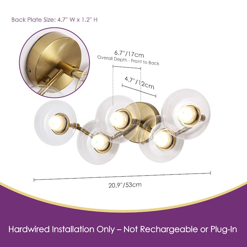 20.9" 5-Light Modern Gold Integrated LED Bathroom Vanity Light/Semi-Flush Mount Light with Clear Oval Glass Shades