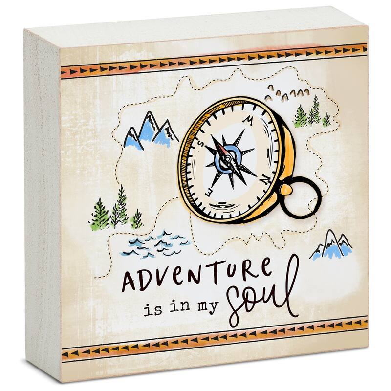 Wood Block Décor Message Adventure in Soul Sign, 3.75 inches Square, Made in The USA - Multi-23