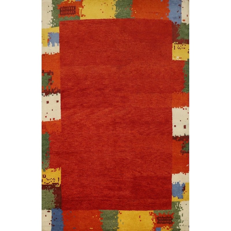 Hand Knotted Oriental 100% Wool Carpet Modern Bordered Oranges & Rust Gabbeh Area Rug - 7' 9'' X 5' 7''