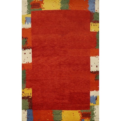 Hand Knotted Oriental 100% Wool Carpet Modern Bordered Oranges & Rust Gabbeh Area Rug - 7' 9'' X 5' 7''
