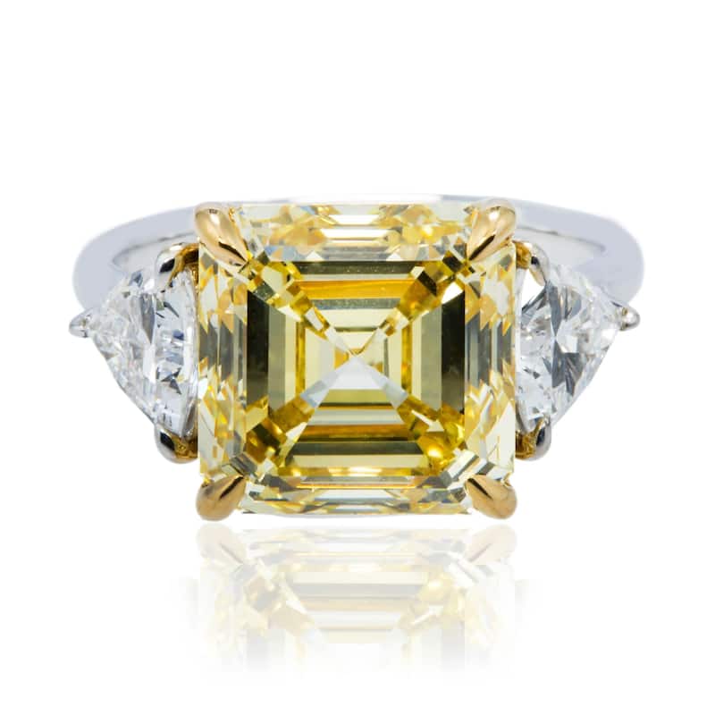 House Of Leon 18K Two Tone 7.52ct Asscher Fancy Yellow Diamond Ring 8.77ctw IGI
