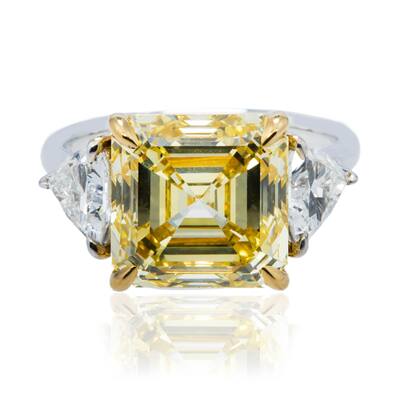 House Of Leon 18K Two Tone 7.52ct Asscher Fancy Yellow Diamond Ring 8.77ctw IGI