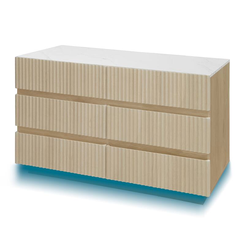 Fluted 6 Drawer Dresser, Double Dresser Chest with LED lights