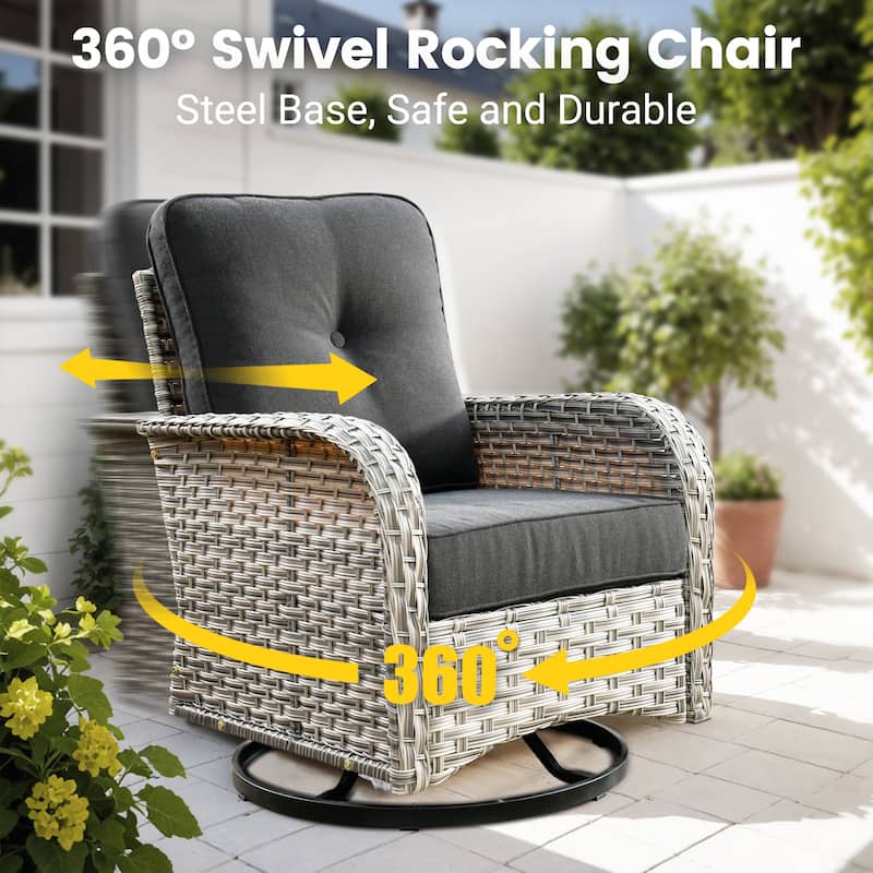OVIOS 10 Pieces Outdoor Wicker Swivel Chair Set With Solar-Powered Coffee Table