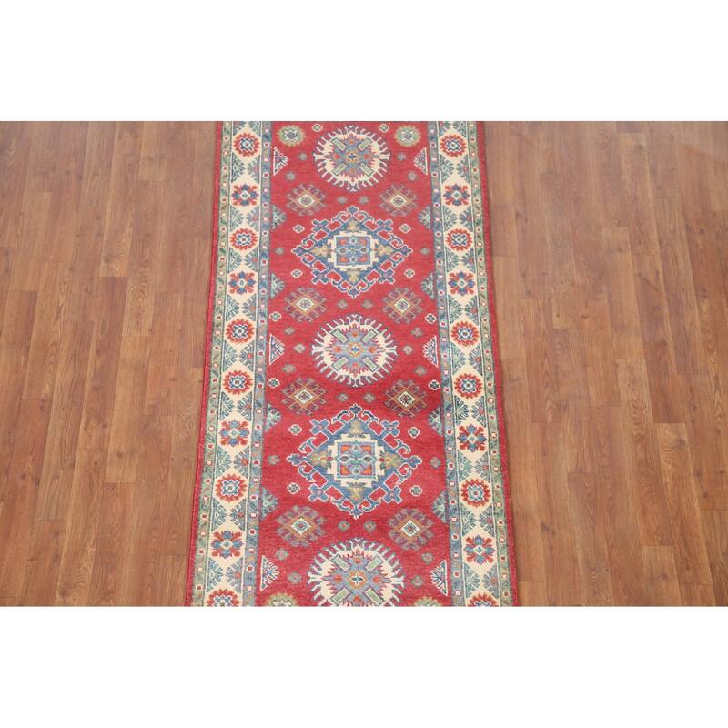 Hand Knotted Oriental 100% Wool Carpet Traditional Geometric Red Kazak Area Rug - 6' 5'' X 2' 9''