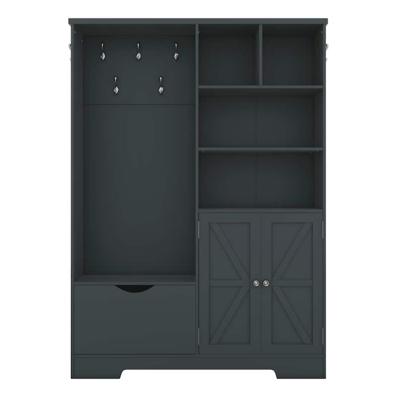 Multi-functional Hall Tree with Storage Shelves Drawers and Cabinet, Elegant Hallway Shoe Cabinet with Bench, Modern Coat Rack