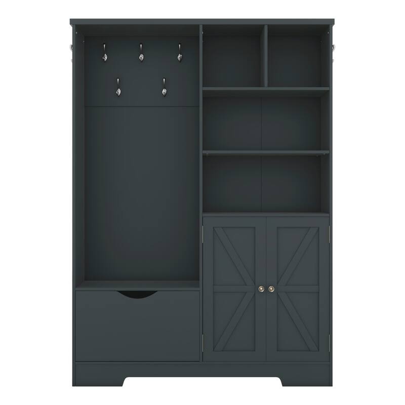Multi-functional Hall Tree with Storage Shelves Drawers and Cabinet, Hallway Shoe Cabinet with Bench, Coat Rack with Hooks