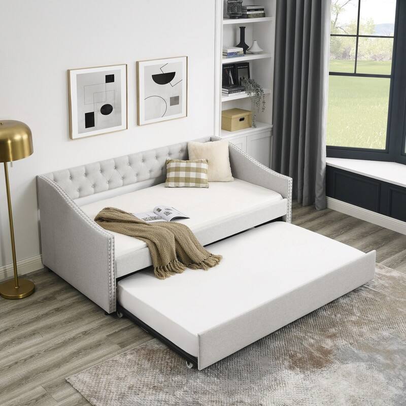 Upholstered Twin Daybed with Trundle,Polyester Fabric Sofa Bed with Button Tufted for Living Room,Bedroom