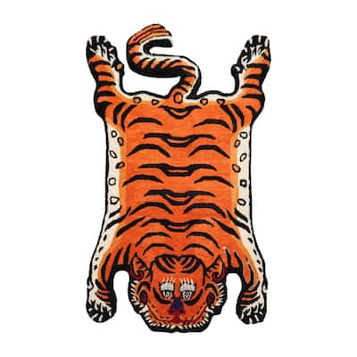 Hand Tufted Hand Made Wool Tiger Novelty Oriental Area Rug Orange - 3' x 5'