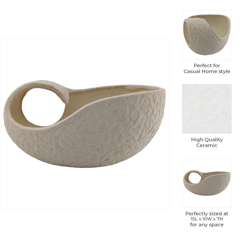Ceramic Decorative Bowl Form Modern Textured Design - 7" Ivory - 15" x 10" x 7"