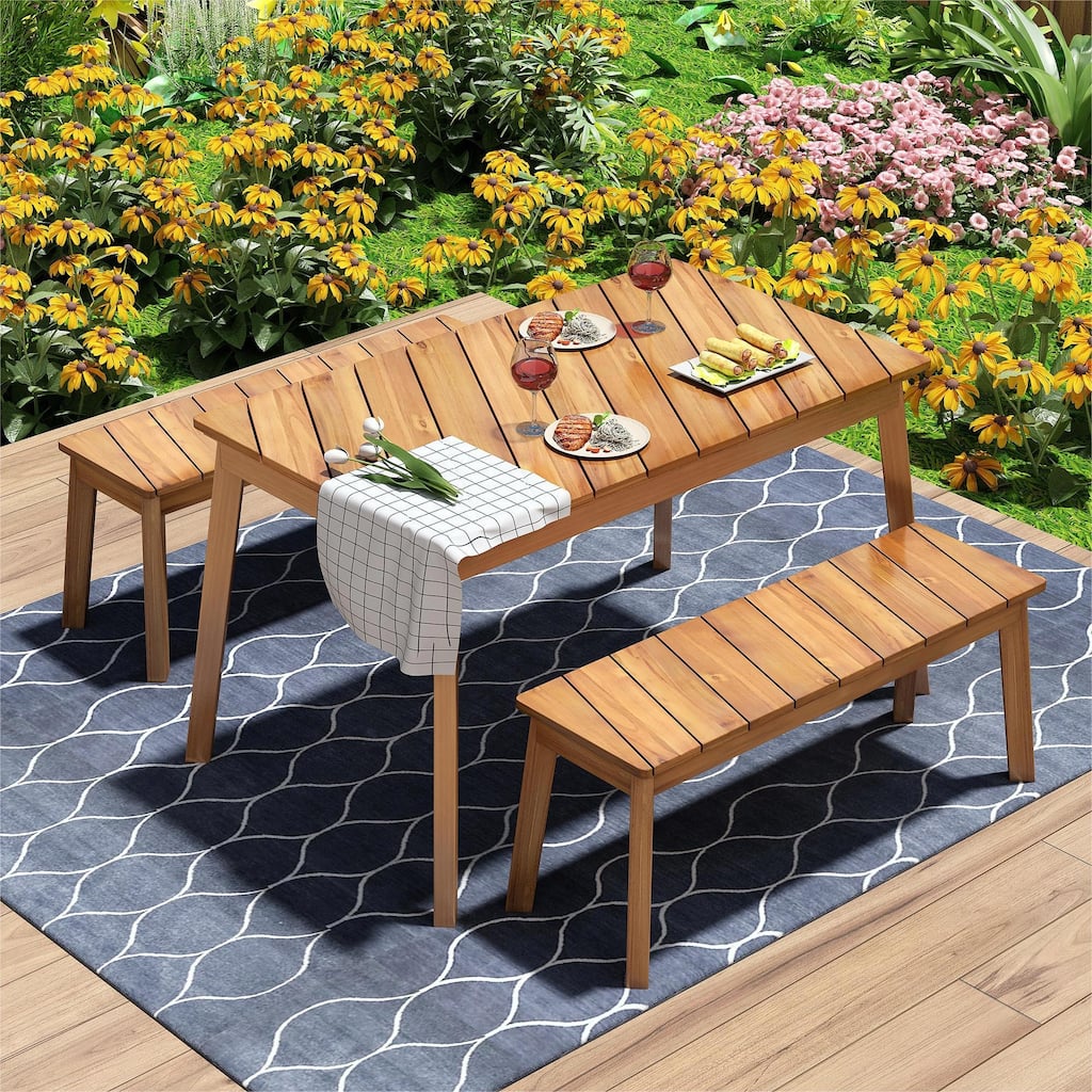3-Piece Acacia Wood Outdoor Dining Set with Benches