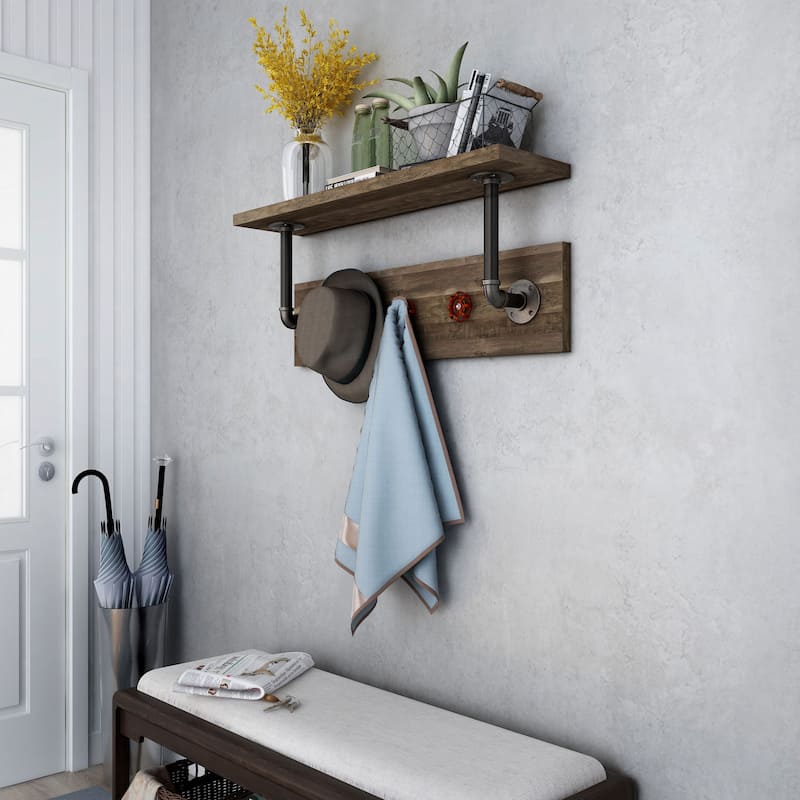 DH BASIC Industrial Reclaimed Oak Metal 3-Hook Wall Shelf by Denhour
