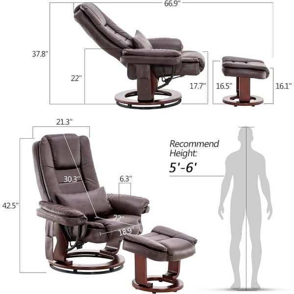 dimension image slide 3 of 6, MCombo Set of 2 Swivel Recliner with Ottoman, Vibration Massage Lumbar Pillow
