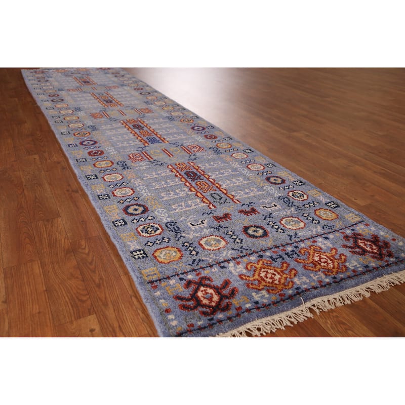 Blue Heriz Serapi Indian Runner Rug Hand-Knotted Geometric Wool Carpet - 2'6" x 9'11" - Blue - 2'6" x 9'11"