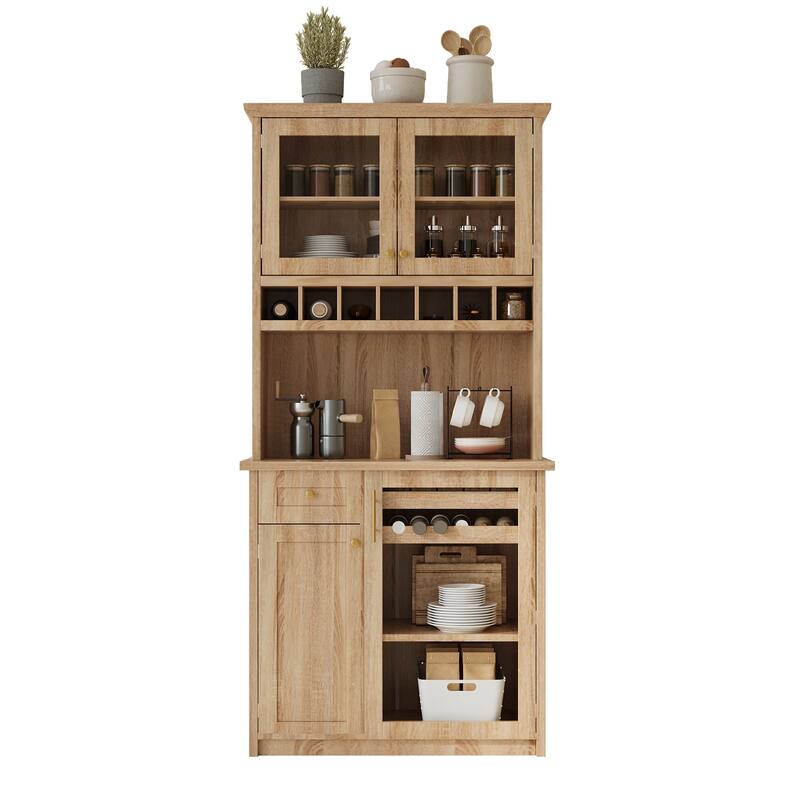 Roomfitters Farmhouse Kitchen Pantry Buffet Hutch with Wine Rack and Glass Doors, Tall Storage Cabinet