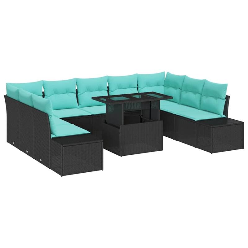 vidaXL 10 Piece Garden Sofa Set with Cushions Black Poly Rattan - 113.8×82.3×27.2