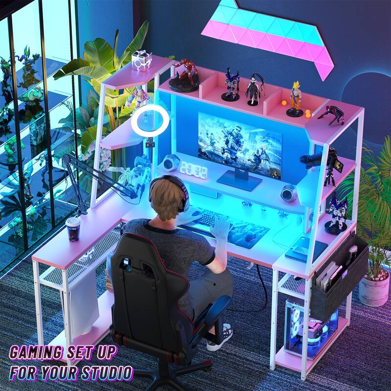 Ultimate L-Shape Gaming Desk with Hutch & Shelves, Reversible Computer Desk with LED Lights & Charging Station