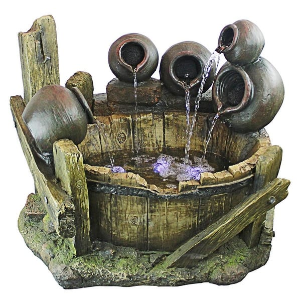 slide 2 of 6, Design Toscano Urns and Barrel Cascading Illuminated Garden Fountain, 31 Inch, Faux Wood, Stone and Clay