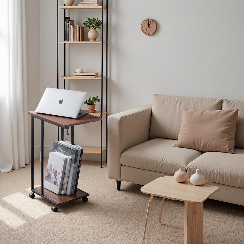 JJS Side End C Table for Sofa, Living Room Couch Table Snack Table That Slide Under for Small Spaces - Walnut/Black