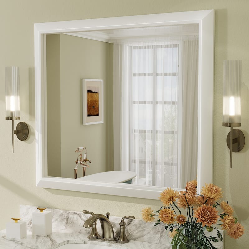 Beveled Metal Rectangle Framed Bathroom Vanity Tempered Glass Mirrors - 40" x 36" - White