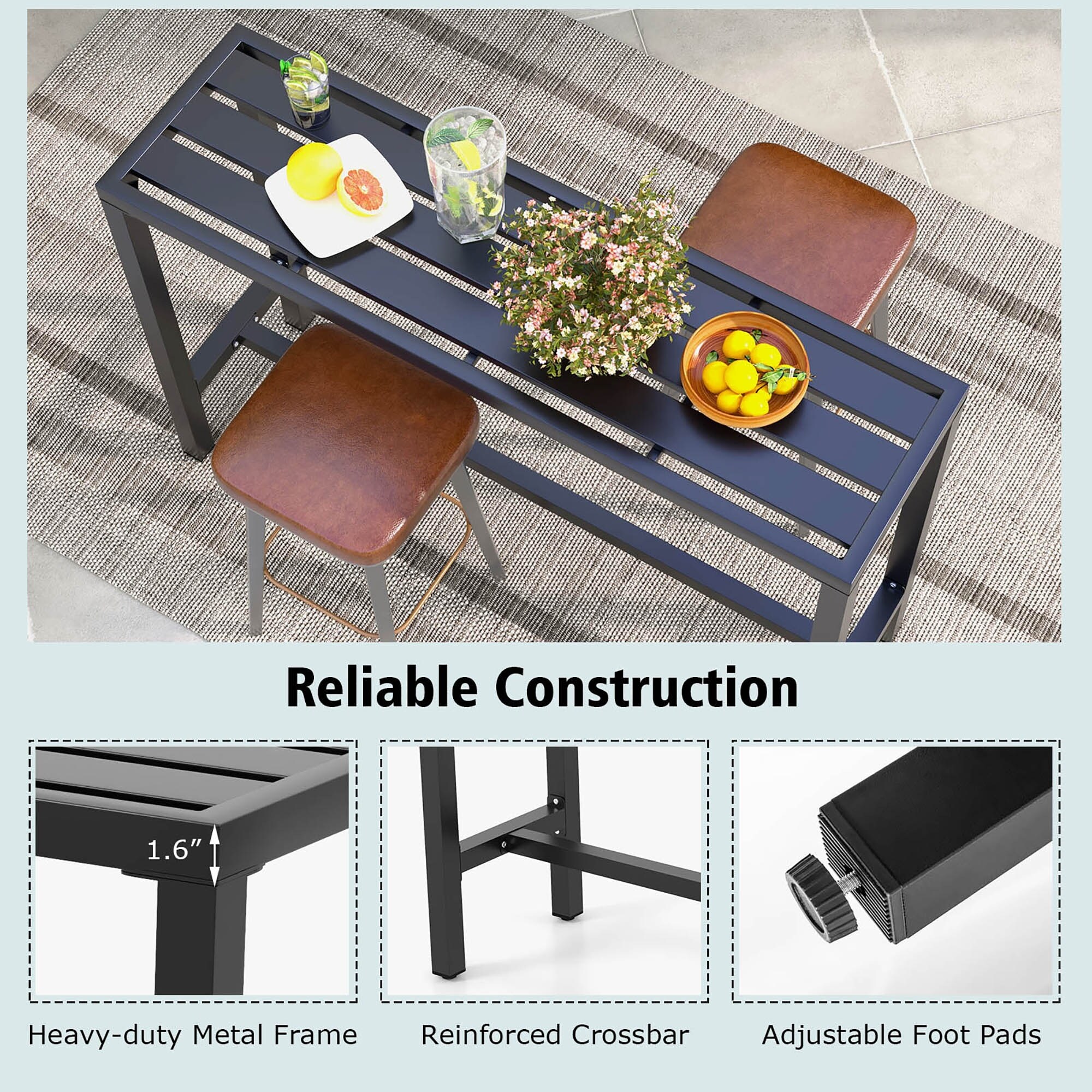 3-Piece Outdoor Bar Set With Table, 2 Stools & Cover – 55\" Rectangular High-Top Table For Patio, Deck, Balcony