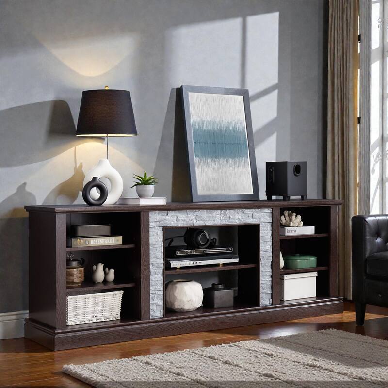 70 Inch TV Stand for TVs up to 75 Inch, Media Console with Faux Stacked Stone Surround, Storage Cabinet & Cable Management