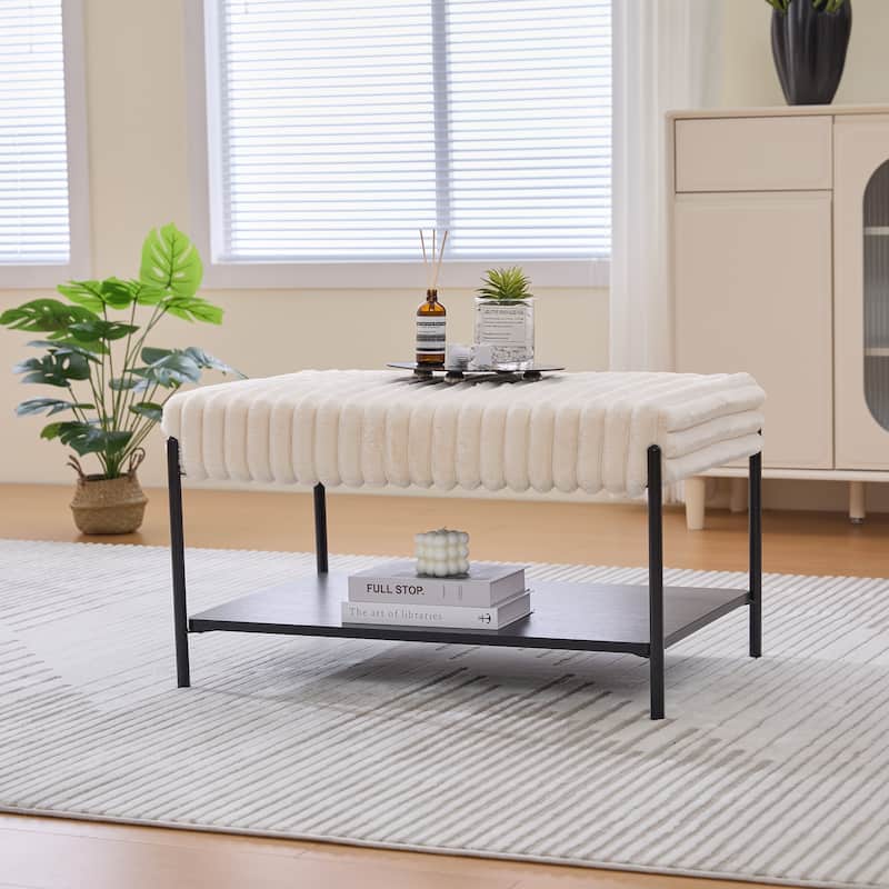 30.7"Wide Upholstered Ottoman Coffee Table Foot Rest With Metal Legs,Footstool With Wooden Open Storage Shelf,Faux Fur