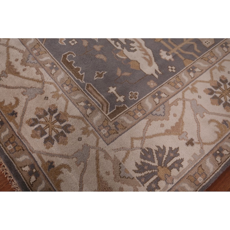 Gray Oushak Indian Rug Hand-Knotted Transitional Floral Wool Carpet - 9'1"x 11'7"