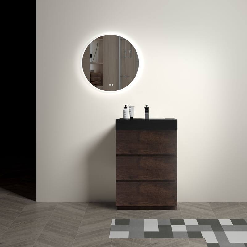 GDFStudio - Alice Walnut Freestanding Bathroom Vanity with One-Piece Matte Black Sink, Modern Handle-Free Design, Pre-Assembled
