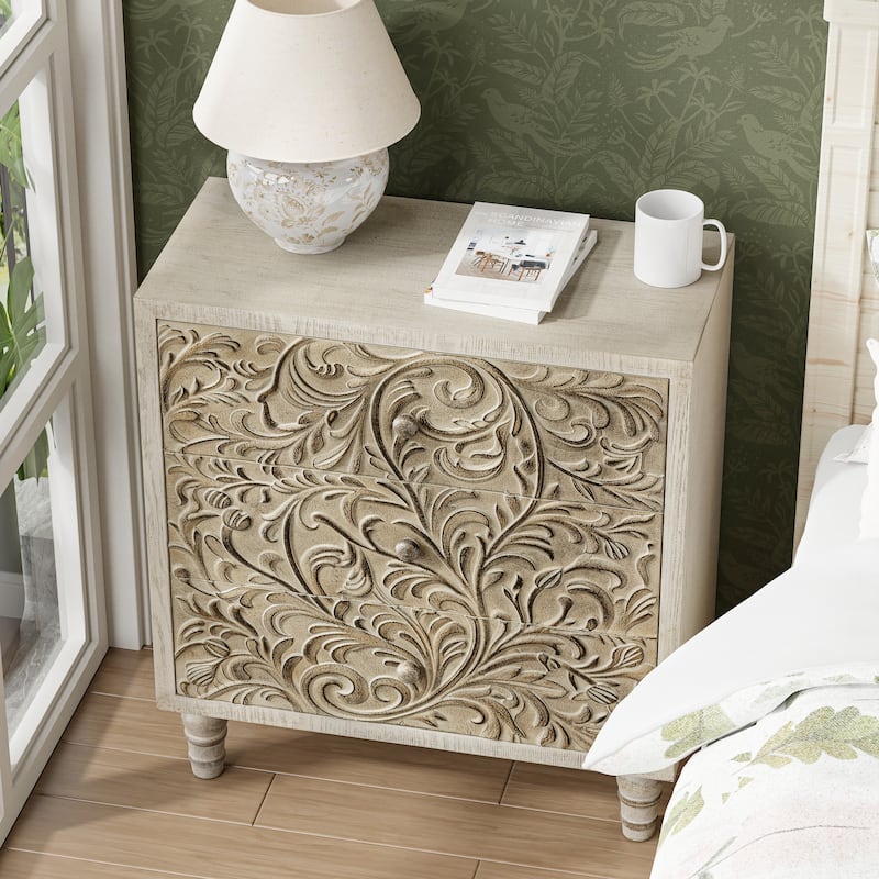 COZAYH 3 Drawer Farmhouse Nightstand with Embossed Weathered Flower Motif, Vintage Dresser, Boho