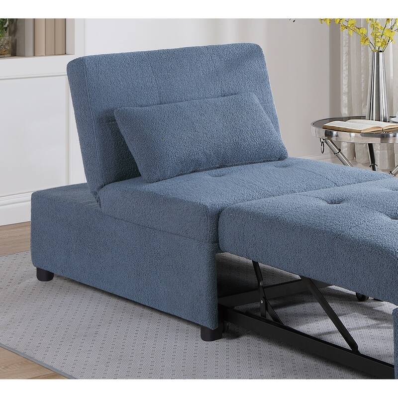 Contemporary Blue Gray Convertible Sleeper Sofa Chair in Sherpa Fabric with Pillow