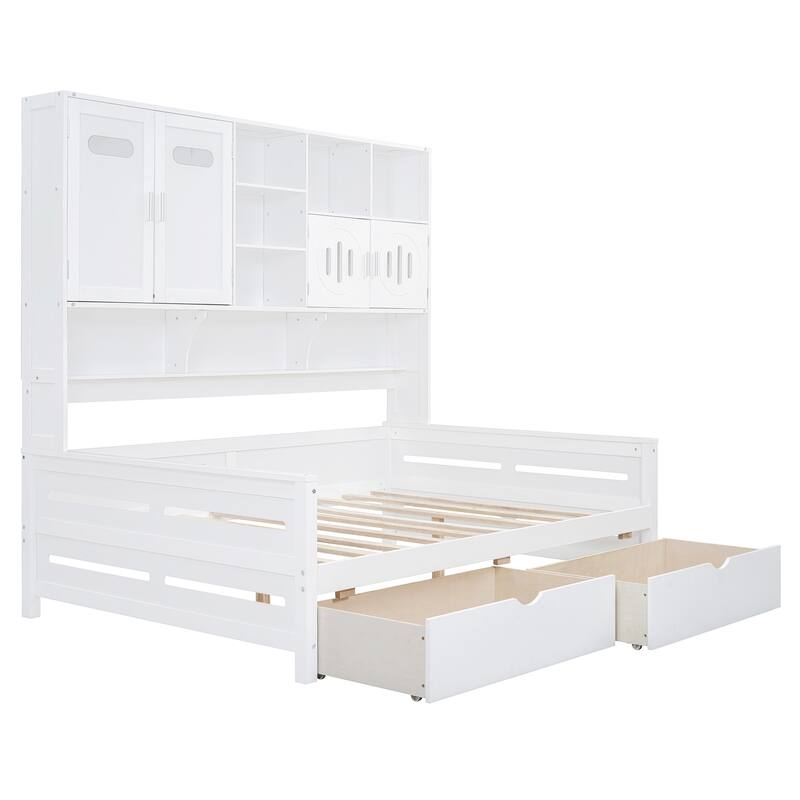 White Full Size Wooden Daybed with Storage Drawers and Built-in Cabinet & Shelf